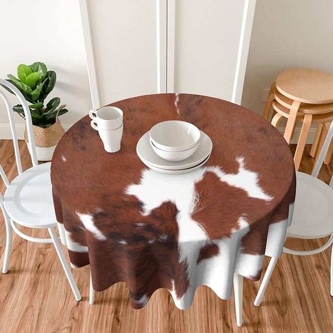 Cow Print Tablecloth Round 60 Inch Vinyl Spring Cowhide Table Cloths for Parties Waterproof Fabric Brown Animal Print Tablecloths Decorative for Holiday Home Party Wedding Picnic