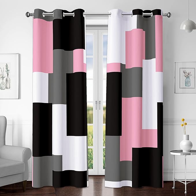 Pink 100% Blackout Curtains for Bedroom 84 inch Length 2 Panels Set Black Grey Modern Abstract Geometric Black Out Curtains Insulated Room Darkening Window Drapes for Living Room, 42Wx84L