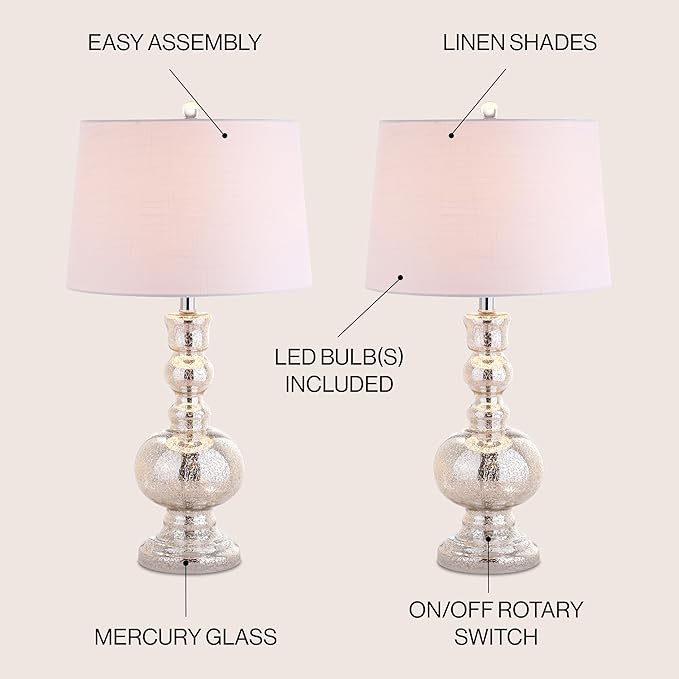 JONATHAN Y JYL1061D-SET2 Set of 2 Table Lamps Genie 28.5" Glass LED Table Lamp Contemporary Transitional Bedside Desk Nightstand Lamp for Bedroom Living Room Office College Bookcase, Mercury Silver