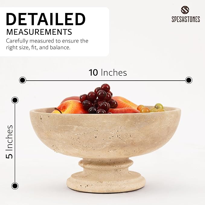 Marble Fruit Bowl 10 Inch Handmade Large Decorative Bowl for kitchen Counter - Modern Travertine Serving Dish for Fruits & Snacks - Pedestal Bowls for Dining Room & Coffee Table Decor