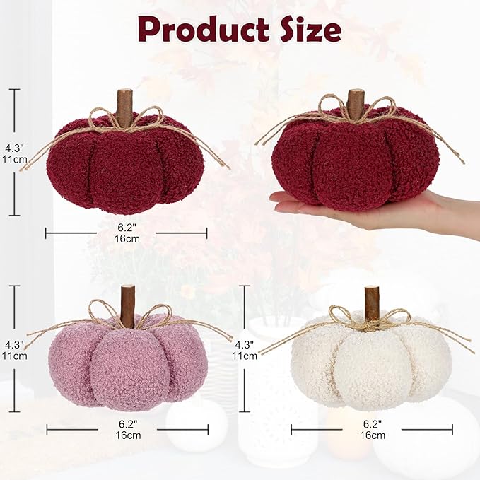 6" Fake Fall Pumpkin Decorations for Home, 3 Pcs Artificial Big Fabric Pumpkins Autumn Decor Faux Pumpkins for decorating, Fall Table Centerpiece Harvest Decor, Halloween Thanksgiving, Burgundy & Pink