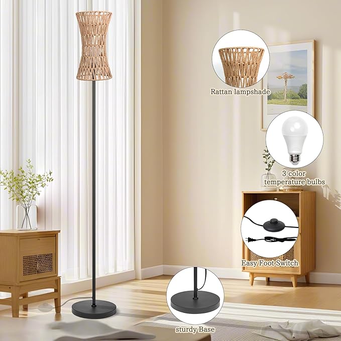 Floor Lamp for Living Room,Slim Waist Rattan Floor lamp,Modern Standing lamp with Bohemia Rattan Shade,Black Tall Lamp with Foot Switch
