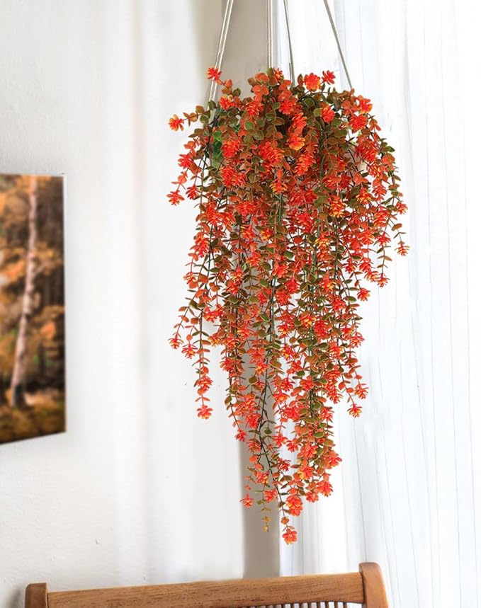 SJL Artificial Fake Fall Hanging Flowers Fake Plant Artificial Hanging Plants Flower Fall Eucalyptus Palnts Outdoor Faux Autumn Vines Decor Real Touch for Patio Living Room Thanksgiving (Salmon)
