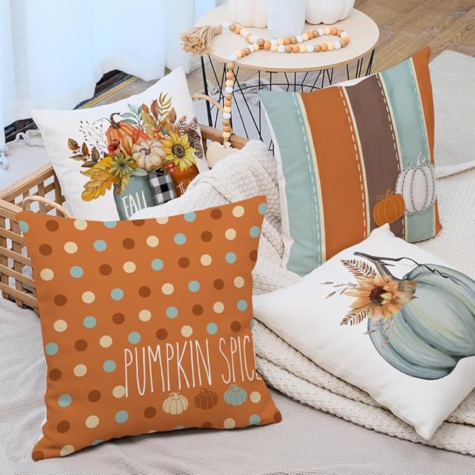 AACORS Fall Pillow Covers 18 x 18 Inch Set of 4, Pumpkin Vase Harvest Floral Pumpkin Spice Decorations Autumn Seasonal Pillow Case Decor for Sofa Couch AA560-18