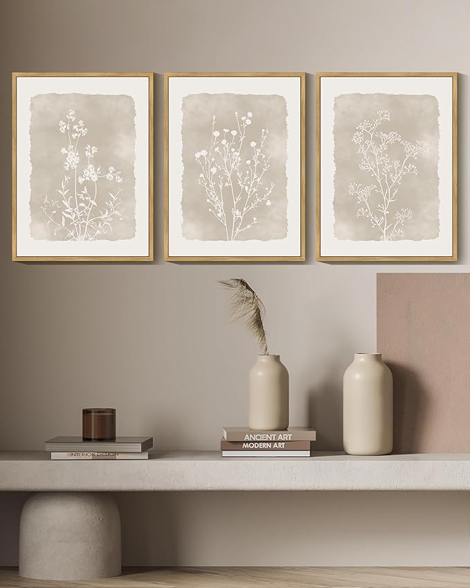 KUVIOKE Boho Botanical Flower Wall Art Framed Vintage Floral Wall Prints Wildflower Neutral Rustic Bohemain Artwork Kitchen Bedroom Decor 11x14in (Natural Framed)