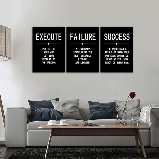 Inspirational Canvas Painting Wall Art Success Quote Wall Art Execute Failure Definition 3 Pieces Black Poster Positive Motivational Framed Artwork Prints Picture for Living Room Office [60''Wx 28''H]