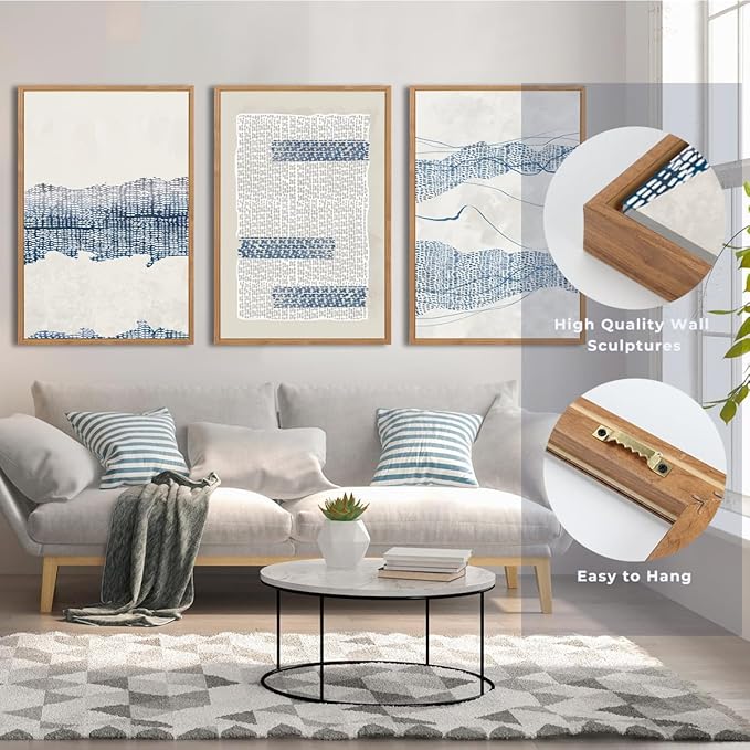 IARTTOP Large Blue Abstract Canvas Wall Art Framed 24x36 Inch Neutral Minimalist Modern Wall Art Mid Century Boho Artwork for Living Room Bedroom Office Set of 3