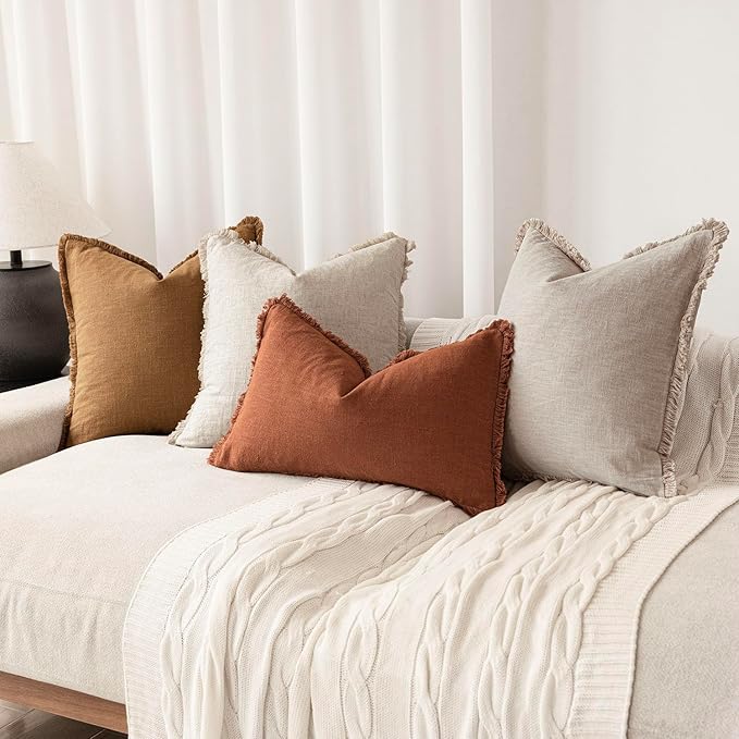 Foindtower Set of 2 Decorative Linen Fringe Lumbar Throw Pillow Covers Farmhouse Cushion Cover with Tassels Accent Pillowcase for Couch Sofa Bed Living Room Home Decor,12×20 Inch,Autumn Rust Orange