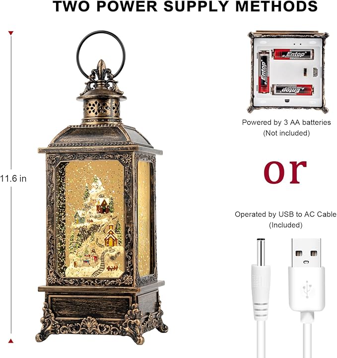 Christmas Village Snow Globe Lighted Snowy Mountain Village Scene, Musical Snow Water Lantern Swirling Glittering Home Decoration and Gift, Battery Operated or USB Powered