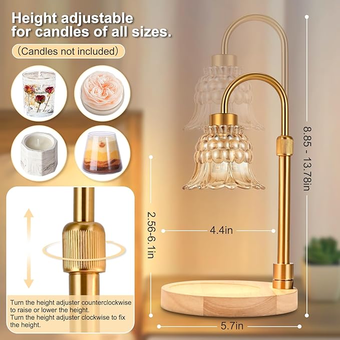 Candle Warmer Lamp with Timer & Dimmer, Adjustable Height Electric Candle Warmer with 3 Bulbs,Compatible with All Size Scented Candles, Wax Melt Warmer for Bedroom,Home Decor House Warming Gifts