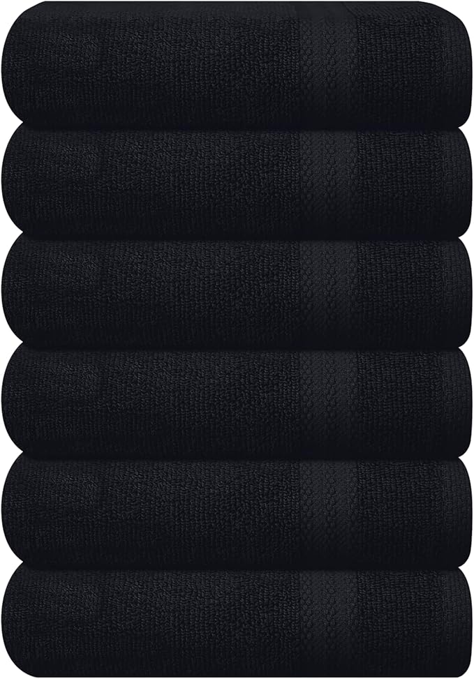 GLAMBURG Ultra Soft 6-Piece Hand Towel Set 16x28-100% Ringspun Cotton - Durable & Highly Absorbent Hand Towels - Ideal for use in Bathroom, Kitchen, Gym, Spa & General Cleaning - Black