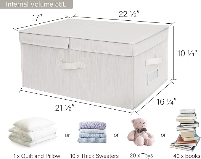 StorageWorks Extra Large Storage Bins with Lids, 55L Decorative Storage Bins with Double-Open Lid and Divider Board, Fabric Bins with Handles, Mixing of Beige, White & Ivory, 2-Pack
