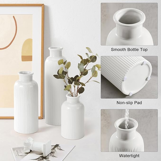 Small White Ceramic Vase Set of 3, Boho Modern White Flower Vase Room Decor, Farmhouse Decor, Vases for Your Kitchen, Bathroom, Bedroom, Living Room, Office&Shelf Centerpiece Table Decorations