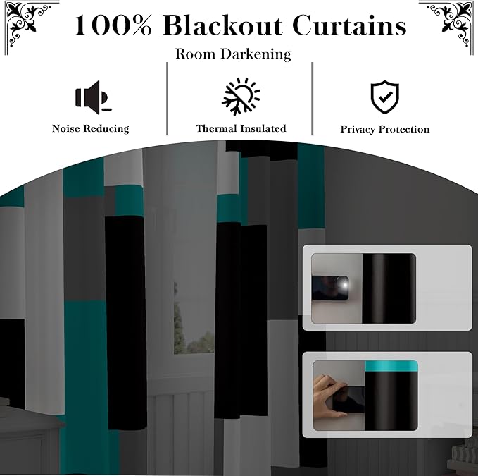 Teal/Turquoise 100% Blackout Curtains for Bedroom 84 inch Length 2 Panels Set Black White Grey Modern Abstract Geometric Black Out Curtains Room Darkening Window Drapes for Living Room, 52Wx84L