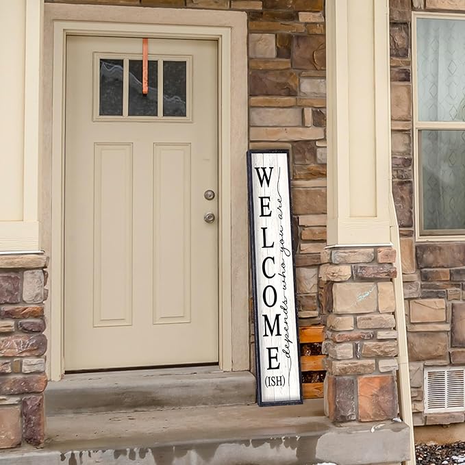 Welcome-ish Sign for Front Porch Standing 45"X9" Large Farmhouse Outdoor Wood Framed Home Vertical Tall Funny Large Welcome Signs For Rustic Modern Outside Front Door Wall Decor (Black)