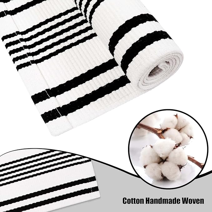 OJIA Outdoor Area Rug 4'x6', Black and White Outdoor Rug Machine Washable Patio Rugs Cotton Hand Woven Door Mats Indoor Outdoor Striped Rugs for Front Porch/Deck/Backyard/Living Room