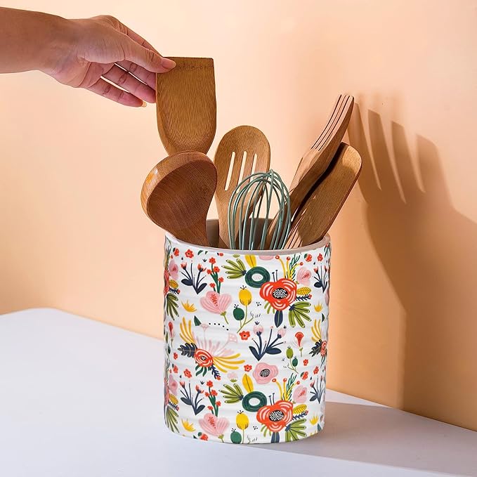 Kitchen Utensil Holder,7.2″Extra Large Stable Garden Floral Pattern Ceramic Utensil Crock,Flower Utensil Organizer for Countertop,Kitchen Decor,Utensil Holder for Housewarming,Wedding Gift