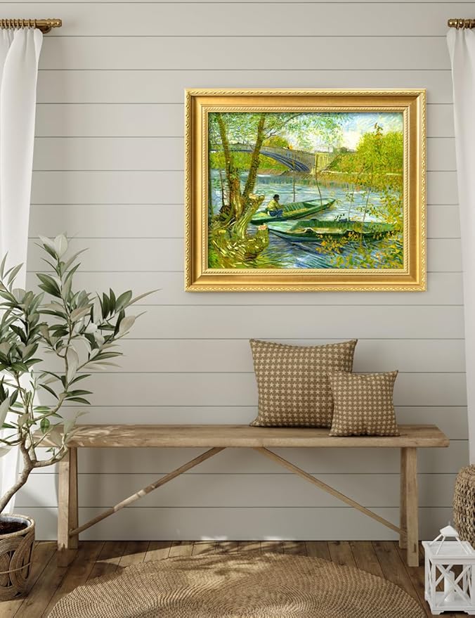 DECORARTS - Fishermen and Boats from the Pont de Clichy by Vincent Van Gogh. Giclee Print on Acid-Free Canvas in Gold Solid Wood Frame. Picture Size: 20x16, Total Size: 24.75x20.75, Made in USA
