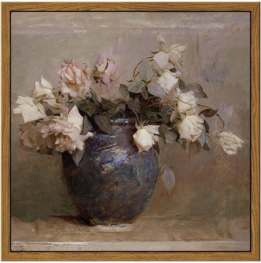 InSimSea Square Framed Canvas Wall Art, Flowers Farmhouse Vintage Classical Floral Rose in Vase Pictures Wall Decor Paintings, Canvas Wall Decor for Living Room, Kitchen Bathroom Home 9"x9"