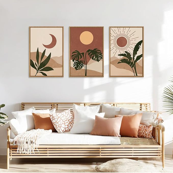 KAIRNE Mid Century Modern Wall Art Set of 3, Boho Sun and Moon Wall Decor, Bohemian Abstract Botanical Wall Painting, Modern Nature Art Prints for Living Room, Bedroom, Office - 16"x24"