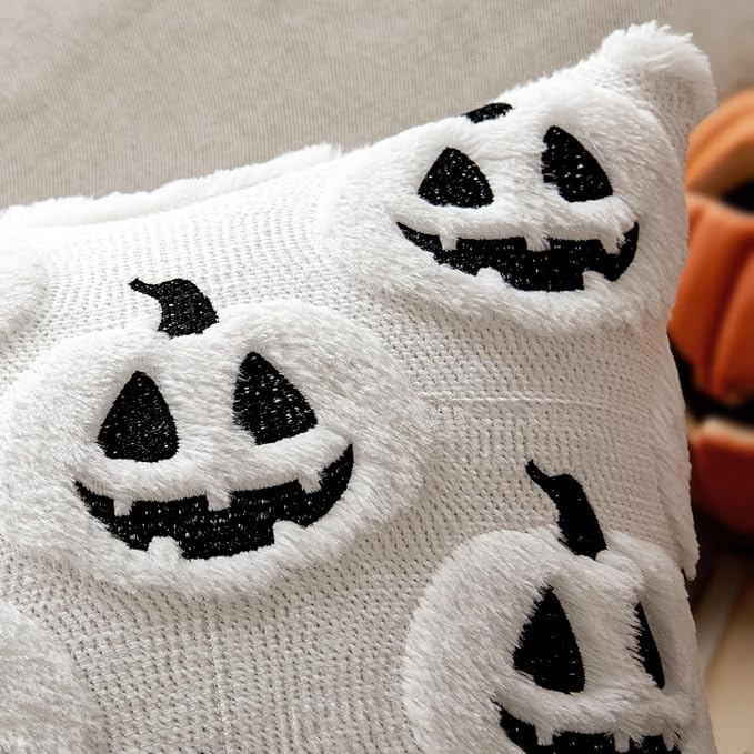 MIULEE Fall Halloween Throw Pillow Covers 18x18 Decorative Pumpkin Pattern Pillowcases Soft Plush Faux Wool Cushions for Home Patio Sofa Couch,White