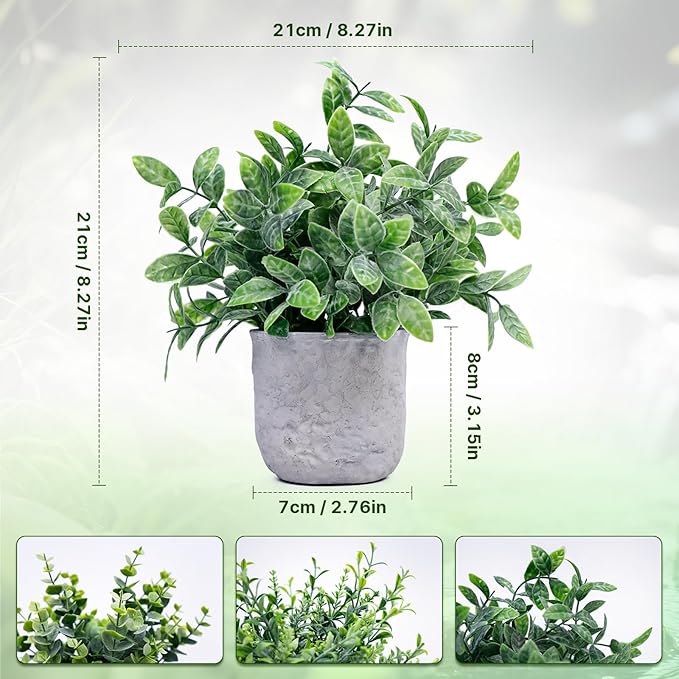 FGSAEOR Mini Potted Fake Plants, Small Artificial Greenery Realistic Plants Topiaries, Low Maintenance, for Home Office Shelf Desk Farmhouse Room Coffee Table Decor (3-Pack) (Grey (Round Pot))