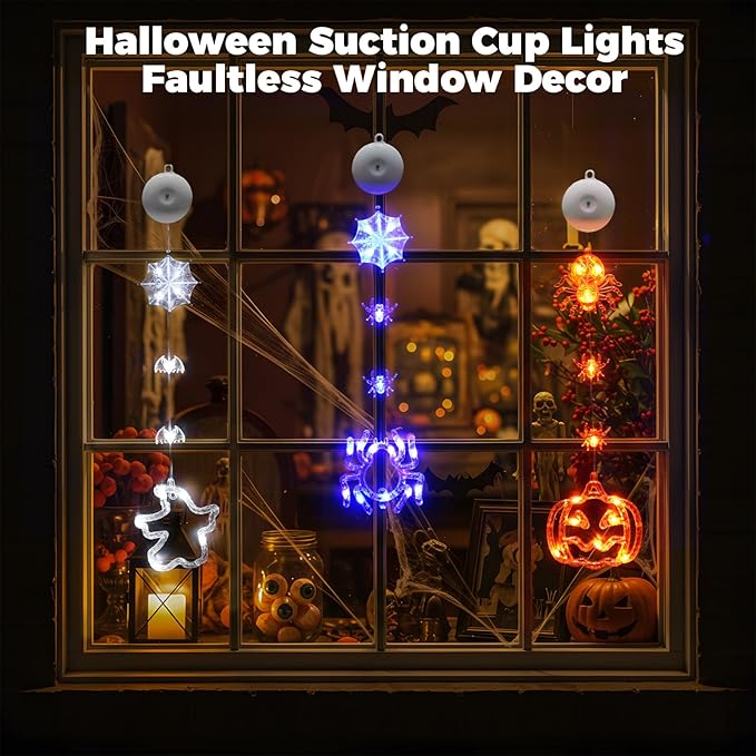 suddus 3 Pack Halloween Window Lights with Suction Cup- Battery Operated Lights Indoor with Timer - Orange Pumpkin, Purple Spider & White Ghost Decorations for Party, Room, Window, Door, Wall, Indoor