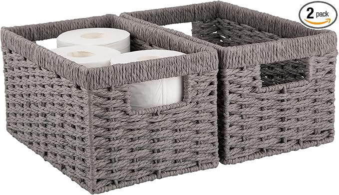 OIAHOMY Wicker Baskets, Paper Rope Storage Baskets for Organizing with Built-in Handles, 2 Packs-Grey