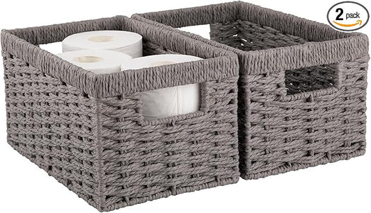 OIAHOMY Wicker Baskets, Paper Rope Storage Baskets for Organizing with Built-in Handles, 2 Packs-Grey