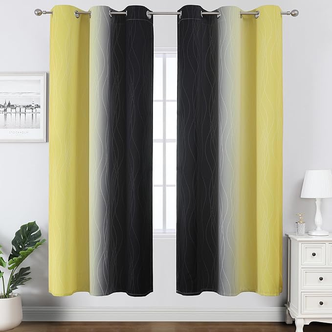 Estelar Textiler Yellow and Black Ombre Blackout Curtains for Bedroom, Thermal Insulated Gradient Blackout Drapes, Full Room Darkening Energy Saving Curtains for Living Room, 42Wx72L, 2 Panels
