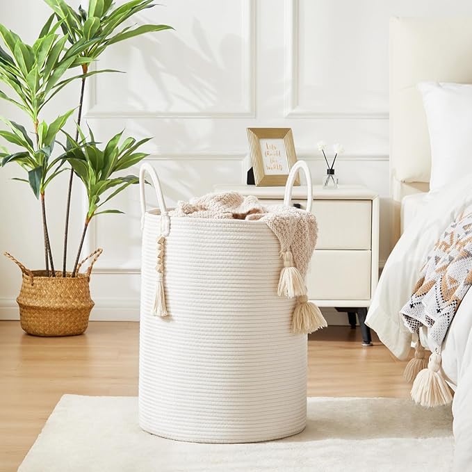 Fiona's magic Woven Rope Laundry Hamper, Tall Laundry Basket for Blanket Storage, Large Dirty Clothes Hamper for Toys, Decorative Baby Nursery Hamper for Bedroom, Living Room - White, 72L