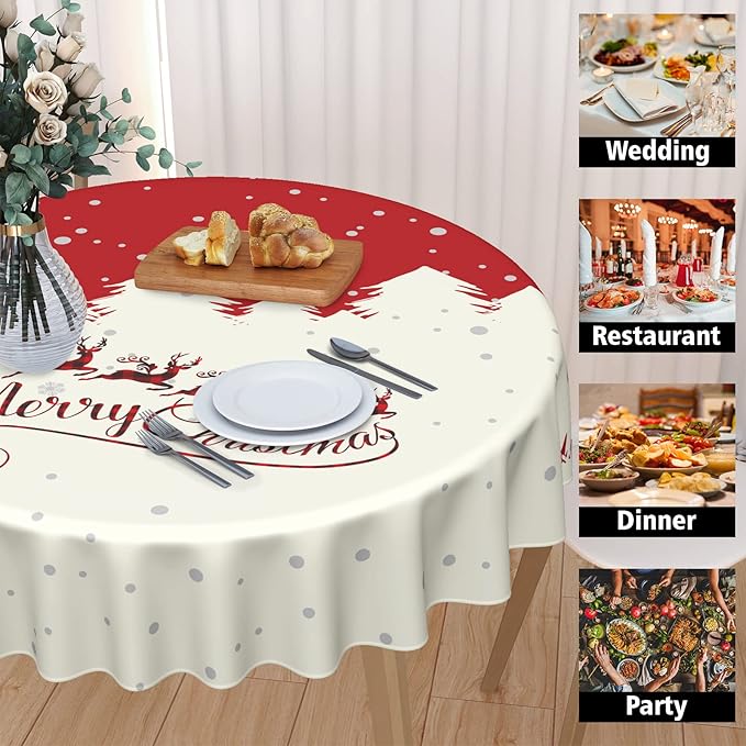 Kawani Merry Christmas Round Tablecloth in Red and Beige 60 inch Festivals Decor with Santa Claus and Elks Pattern Decorative Table Cloth for Winter Holiday Party Indoor and Outdoor Decorations