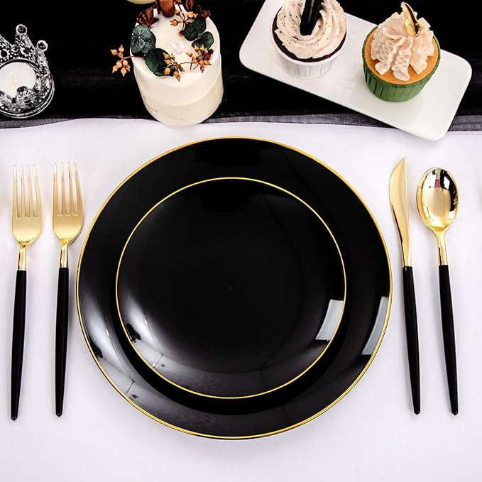 Nervure 100 Pieces Black Plastic Plates - 7.5inch Black Dessert Plates - Disposable Gold Plastic Plate - Disposable Plate Ideal for Wedding & Party & Halloween