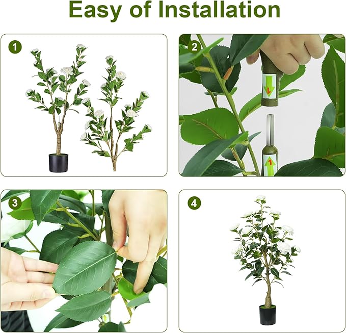 4ft Artificial Camellia Tree with White Silk Flowers - Realistic Faux Flowering Plant for Indoor/Outdoor Decor, Home Staging & Wedding Centerpieces Set of 2