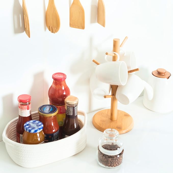 MINTWOOD Design 5-Piece Small Decorative Woven Storage Baskets Set for Shelves, Bathroom, Pantry and Nightstand Organizer, Catch All Tray for Organizing Gifts, Dog and Cat Toys, Creamy White