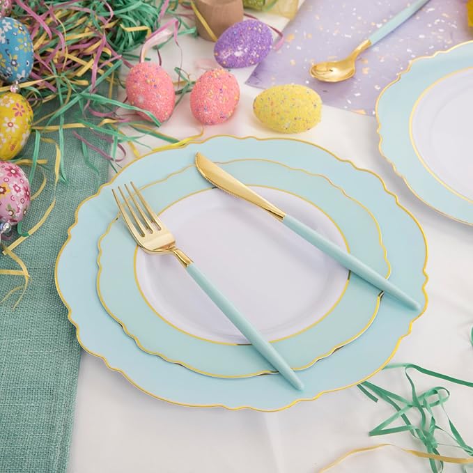 WDF 30Guest Mint Green Plastic Plates & Disposable Gold Silverware With Green Handle-Baroque Green &Gold Plastic Dinnerware for Upscale Party/Picnic/Birthday