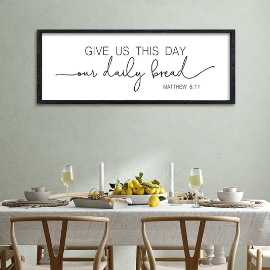 Surfapans Kitchen Wall Decor Give Us This Day Our Daily Bread Sign 32"x12" Scripture Matthew 6 11 Bible Verse Christian Dining Room Large Wood Plaque Framed Rustic Farmhouse Hanging Art (Black