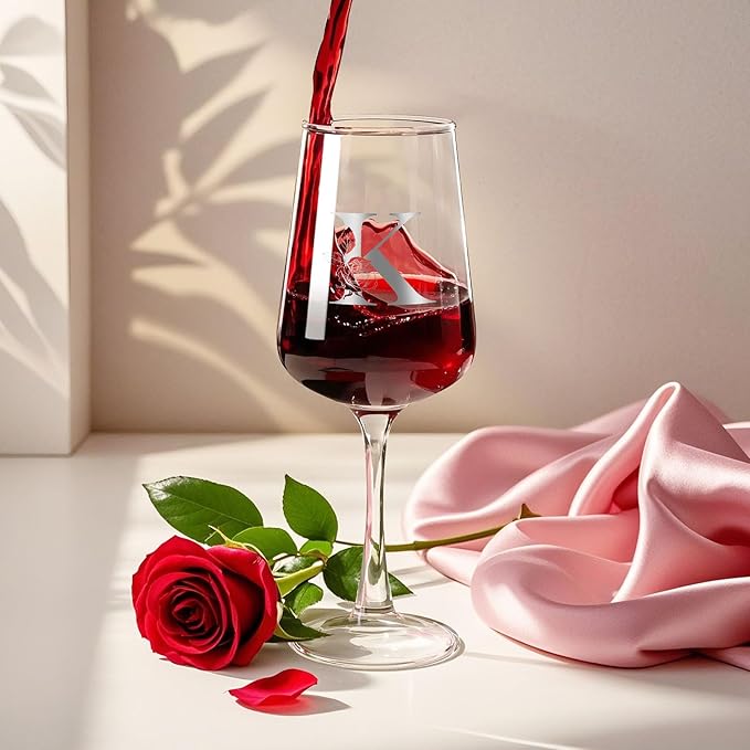 Monogrammed Wine Glass Gifts for Women - Personalized A-Z Wine Glasses with Gift Box & Greeting Card | Custom Mothers day, Anniversary, Birthday Gifts for Her, Mom, Wife, Best Friend, Sister,Woman (K)