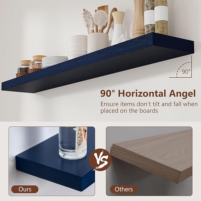 Dark Blue Floating Shelves 48 Inch, Solid Wooden Wall Shelves Set of 2, Rustic Floating Wall Shelves for Decor & Storage for Living Room Bedroom Bathroom