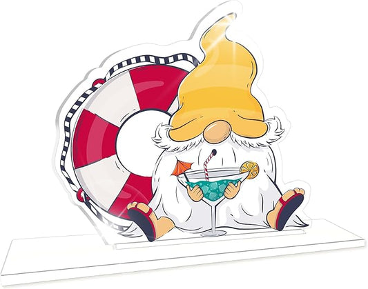 Hello Summer Acrylic Sign - Beach Gnomes Summer Acrylic Plaque - Seasonal Welcome Tabletop Decoration Sign Favors For Friends Family - Home Desk Office Shelf Supplies & Decor-A04