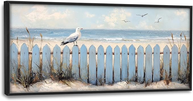 Flintis Large Ocean Beach Framed Wall Art Beach Seagull Pictures Wall Decor Abstract Natural Landscape Canvas Painting Print Artworks Framed for Living Room Bathroom Master Bedroom 60L X 30W
