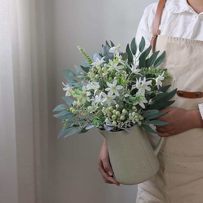 FOTEEWL 70 Pcs Artificial Greenery Stems Box Set,with 8 Kinds of Faux Plants and Fake Flowers for DIY Bridal Bouquets Wedding Floral Arrangement Table Centerpieces Decoration (Sage Green & White)