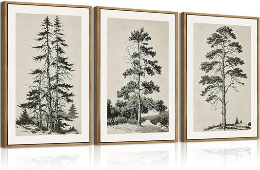 ANHUIB Vintage Tree Sketch Framed Canvas Wall Art 16x24 Inch Neutral Wilderness Forest Paintings Retro Botanical Wall Decor Set of 3 for Living Room Bedroom Office