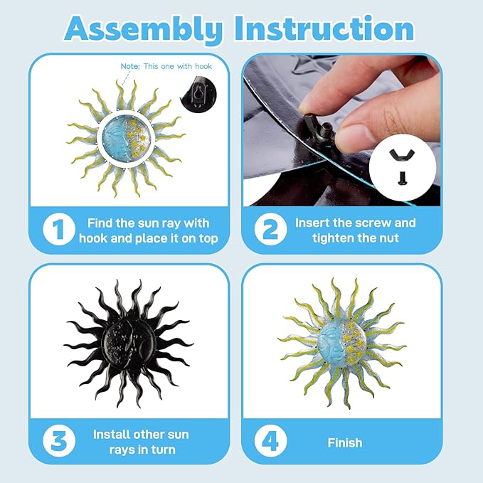 Large Metal Sun Wall Decor Outdoor, 27 Inch Sun and Moon Decor Metal Wall Art, 3D Sun Wall Decor for Patio Garden Yard Fence Bedroom Living Room Decoration