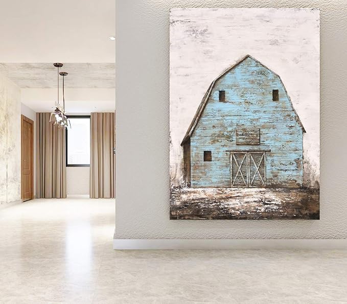 Yihui Arts Modern Abstract Farmhouse Wall Art Hand Painted Teal and Blue Barn Painting Pictures for Living Room Decoration
