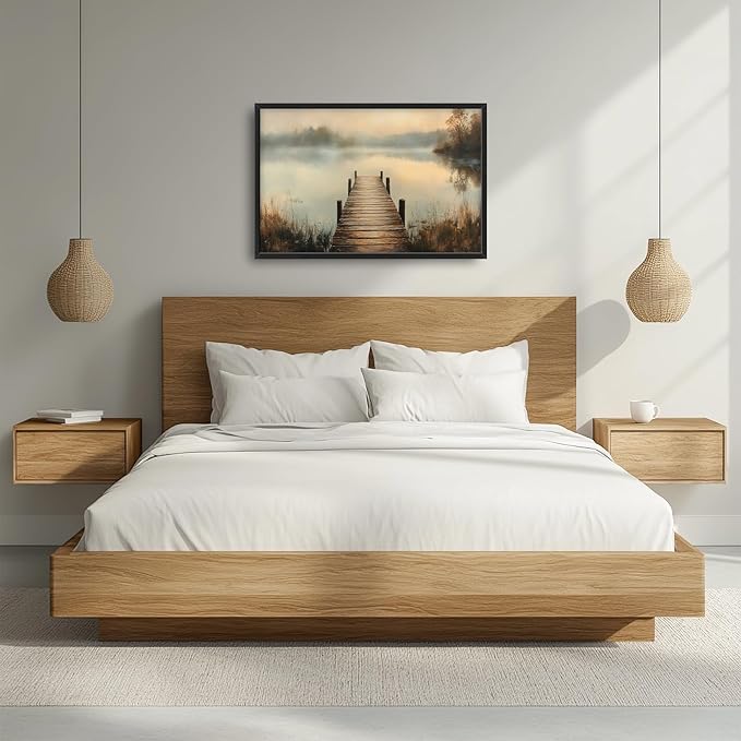 Olivine Large Wall Art, Retro Lake Pictures Wall Decor, Pier Painting, Nature Landscape Canvas Prints, Framed Artwork for Bathroom Bedroom Living Room Office Home Decoration 36"x24"