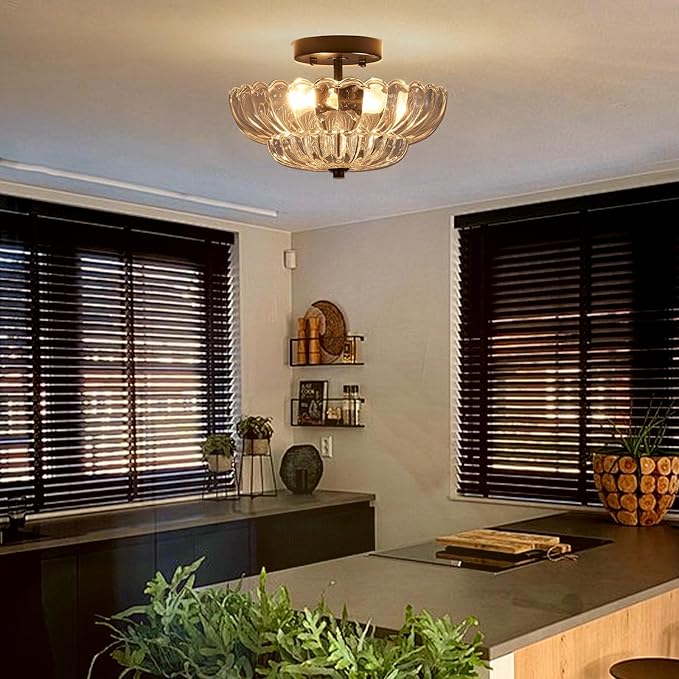 XINGQI Modern Chandelier Vintage Semi Flush Mount Ceiling Light Fixture Small Black 3-Light Close to Ceiling Scalloped with Clear Glass Shade for Living Room Entryway Bedroom Closet