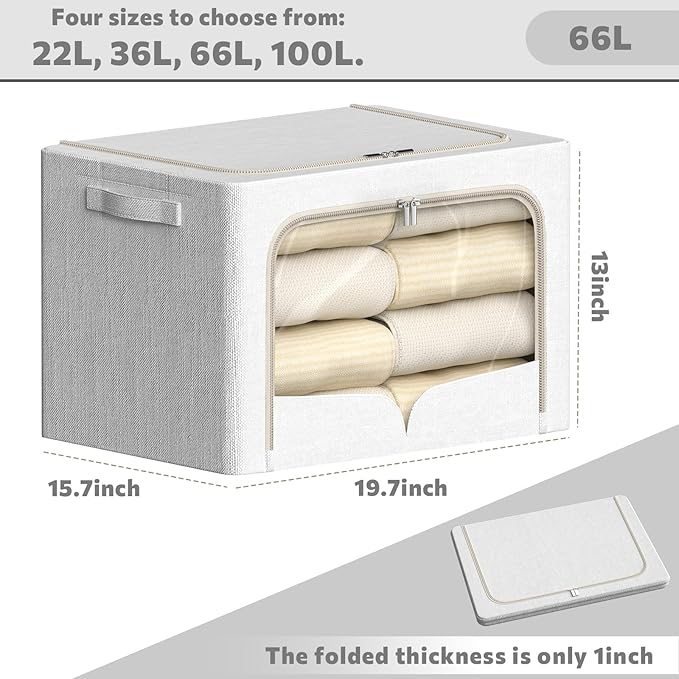3 Pack Clothes Storage Bins - Foldable Metal Frame Storage Box - Stackable Linen Fabric Container Organizer Set with Carrying Handles and Clear Window (Cream White, 19.7x15.7x13inch(66L))