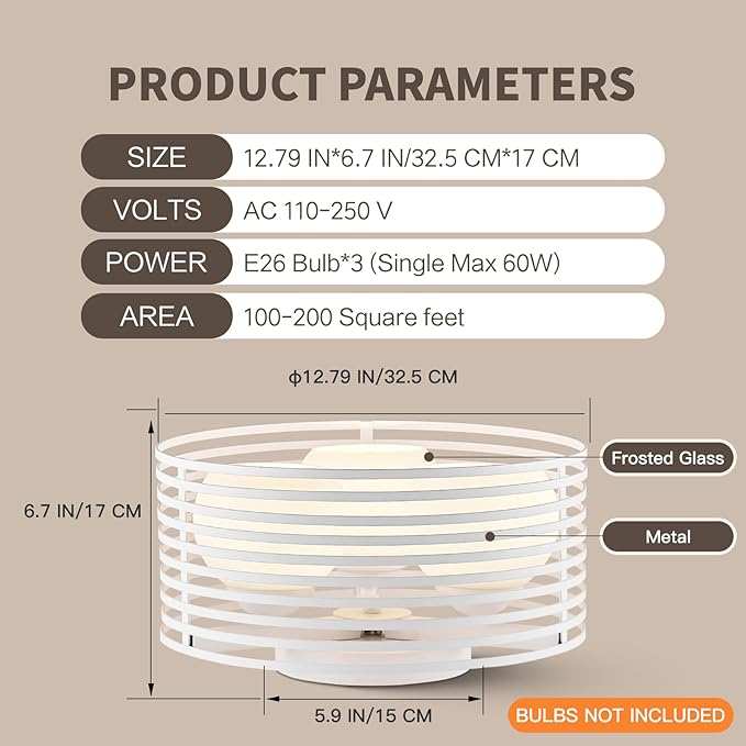 Modern Industrial Frosted White Round Semi Flush Mount Ceiling Light Fixture,Close to Ceiling Lamp Lighting Fixture With Globe Milk Glass Cover,for Kitchen Master Bedroom Living room Hallway（12.79 in）