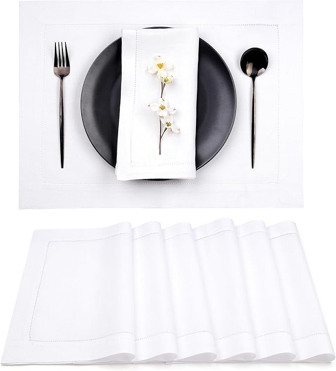 D'Moksha Homes White Linen Placemats Set of 6 - Classic Hemstitch Placemats 14 x 19 Inch - 100% Pure Linen Table Mats for Fall, Autumn and Halloween - Handcrafted and Machine Washable